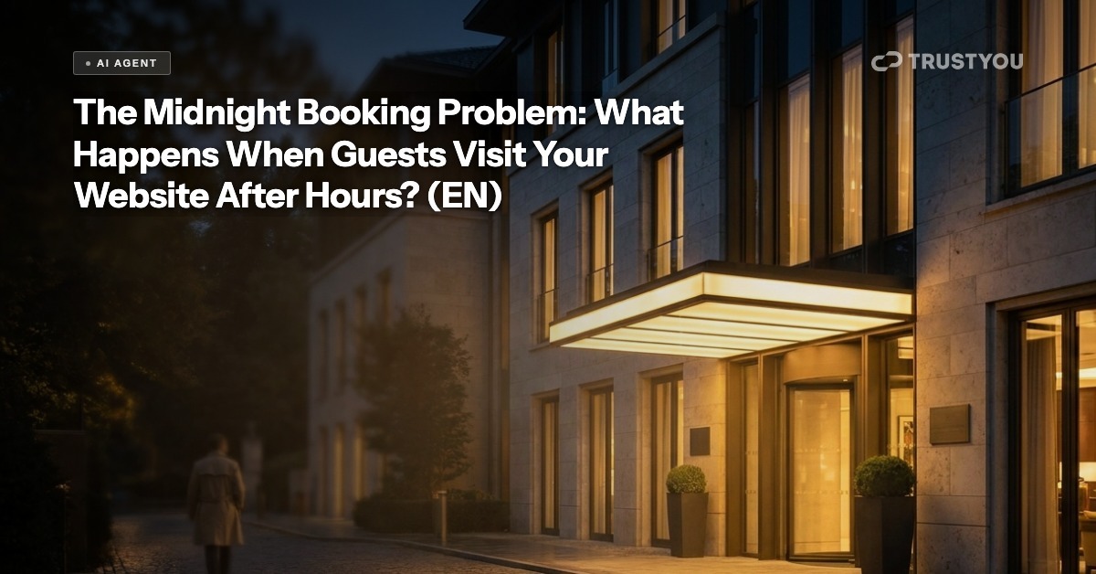 Hotel lobby at night with a glowing booking screen — TrustYou AI Agent blog